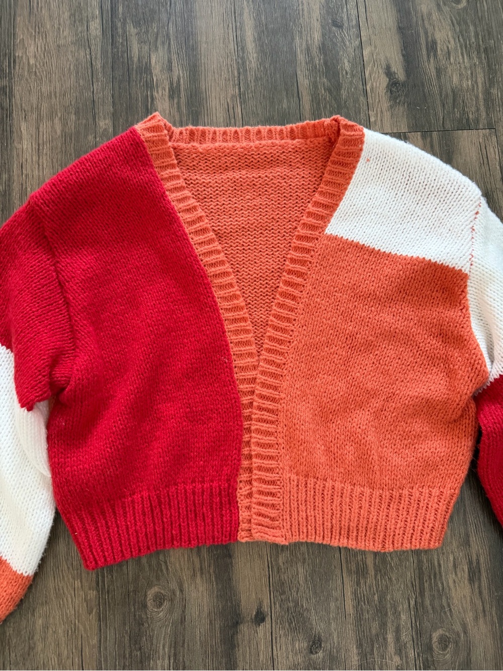 Colorblock Cropped Knit Open Cardigan V Neck Red, Orange White Casual Boho XS - Picture 6 of 11